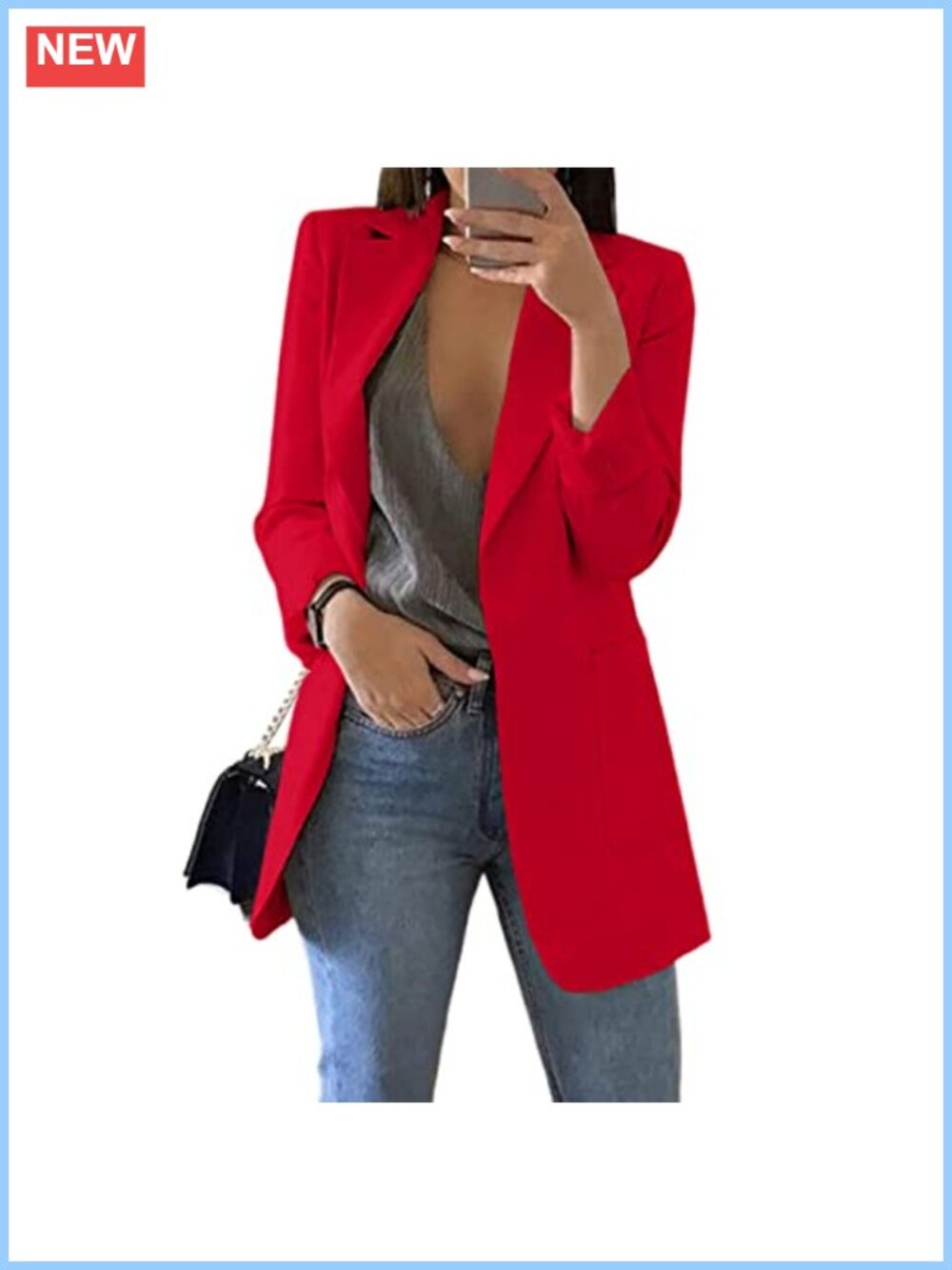 Women's Long Blazer Open Front Notch Lapel Collar Business Casual Jacket